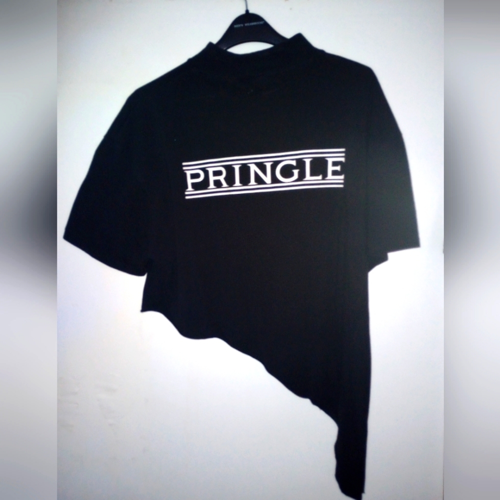 All black with white letters Asymmetric turtleneck blouse by Pringle